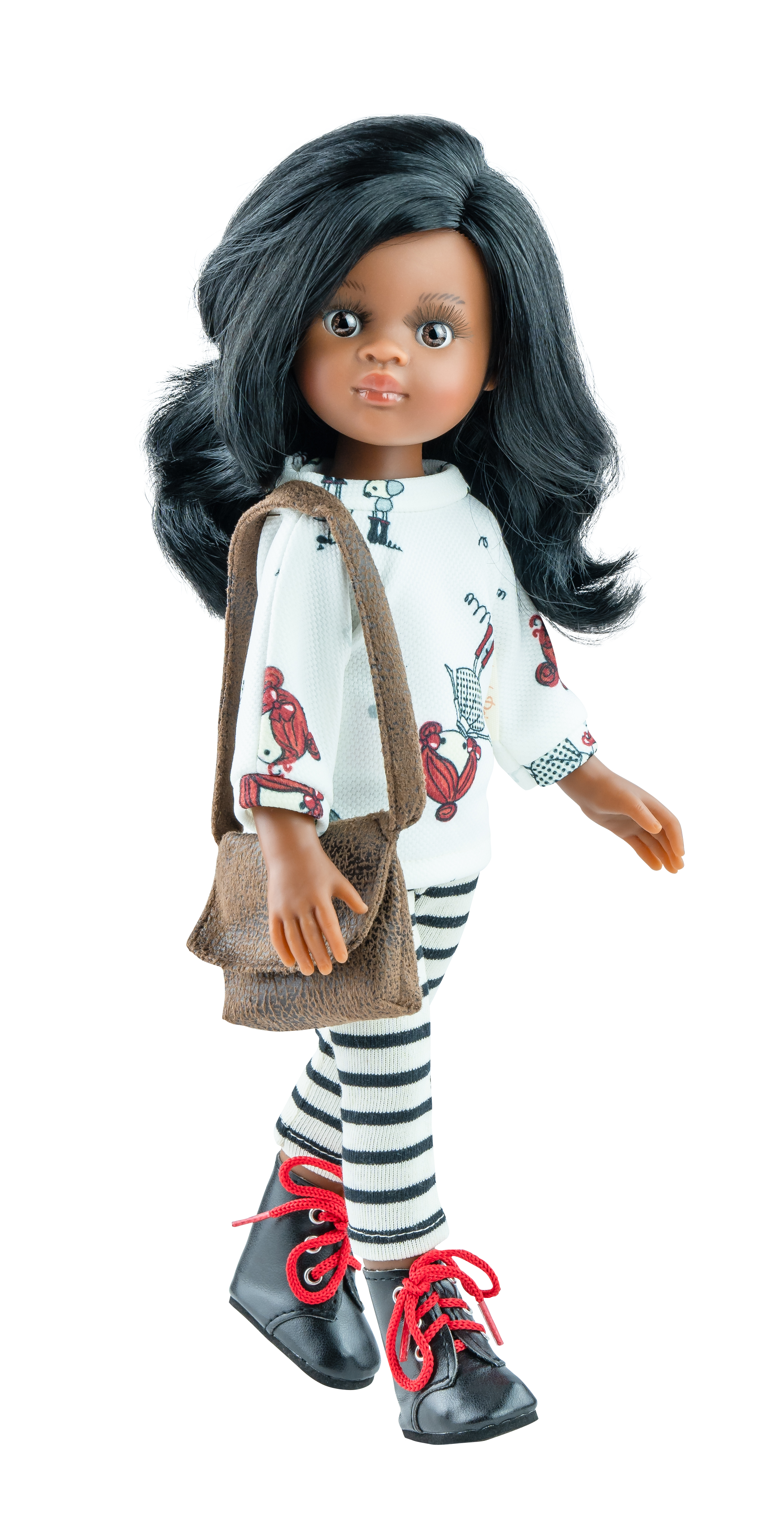 Полосатые леггинсы, белая кофта и кожаная сумочка Paola Reina для кукол 32 см, 54474 плетеная коляска для кукол magni белая маленькая