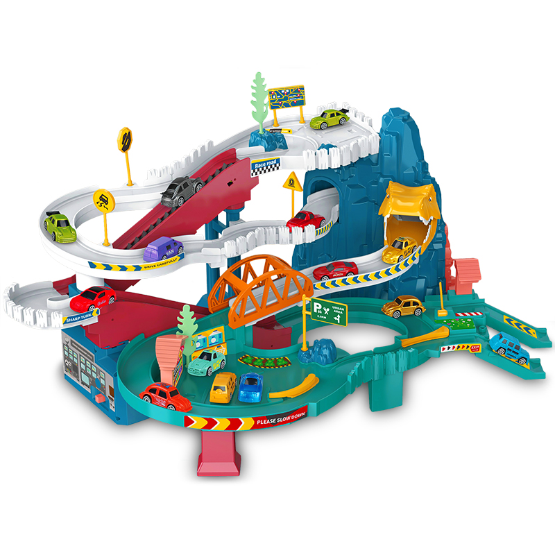 Детская парковка Играйка Гора Динозавра 2 эскалатора, ковриккарта, звук, 5 машинок