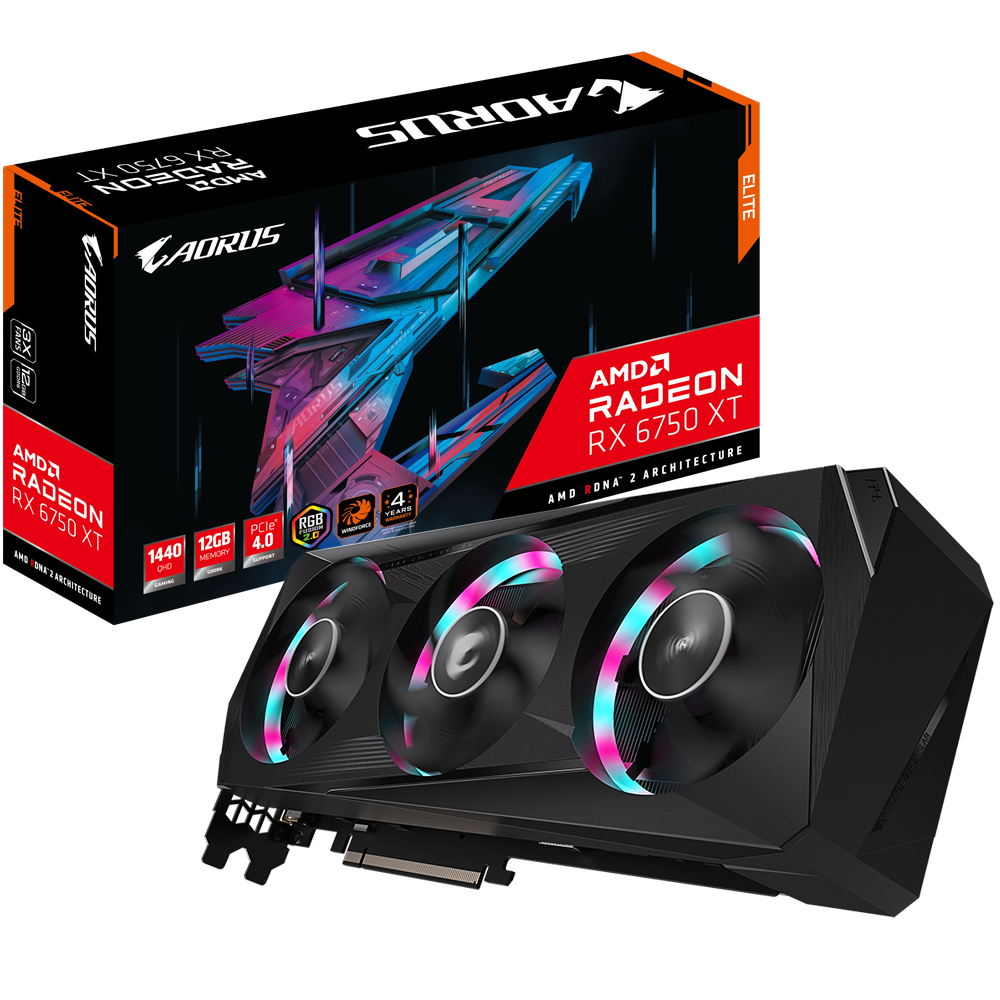 

Видеокарта GIGABYTE AMD Radeon RX 6750 XT ELITE (GV-R675XTAORUS E-12GD), Черный, Radeon RX 6750 XT ELITE