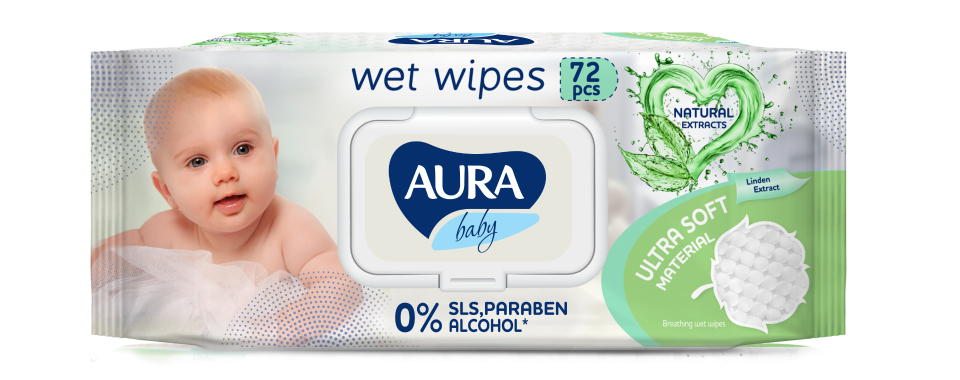 Влажные салфетки детские AURA BABY 0+ с ромашкой big-pack с крышкой, 72 шт.