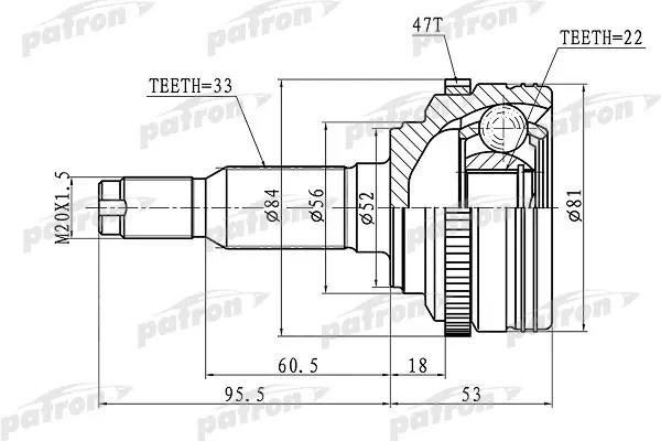 

ШРУС наружн 33x52x22 ABS:47T Chevrolet: Lacetti05>, Daewoo: Nubira 1.8 03> PATRON PCV1656