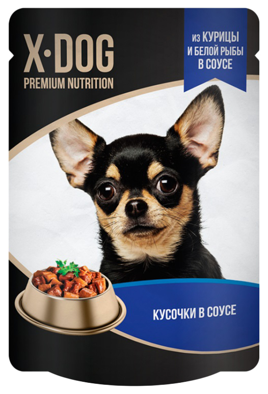 фото Корм для собак x-dog premium nutrition, с курицей и белой рыбой, кусочки в соусе, 85 г