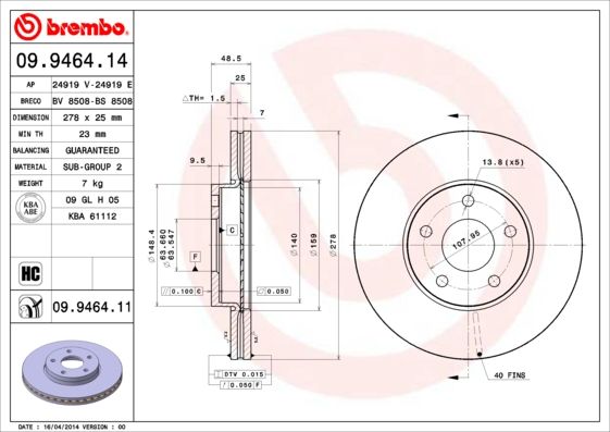 

Тормозной диск brembo передний R15 для Volvo S40, V50 2004- 9946411