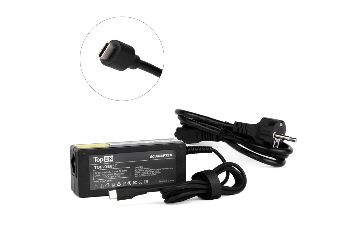 

Блок питания TopON для ноутбуков Dell 20V 3.25A (Type-C) 65W, Черный