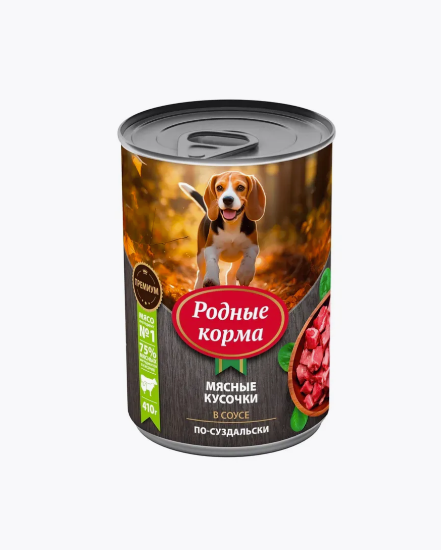 

Консервы для собак Родные корма Мясные кусочки в соусе по-суздальски, 410 г