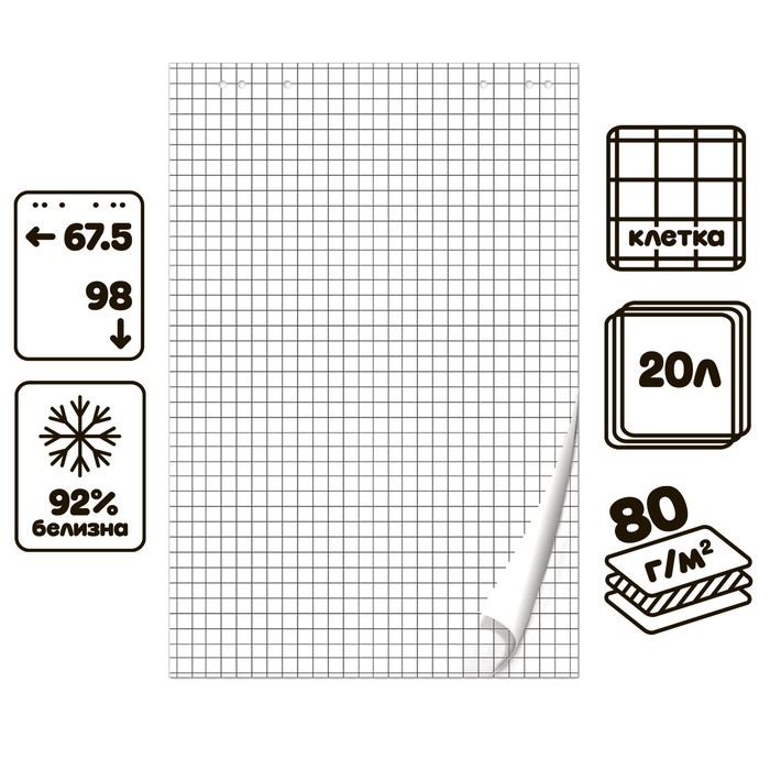 

Блокнот для флипчарта в клетку Calligrata, 67.5 х 98 см, 20 листов, 80 г/м2, белизна 92%, Белый