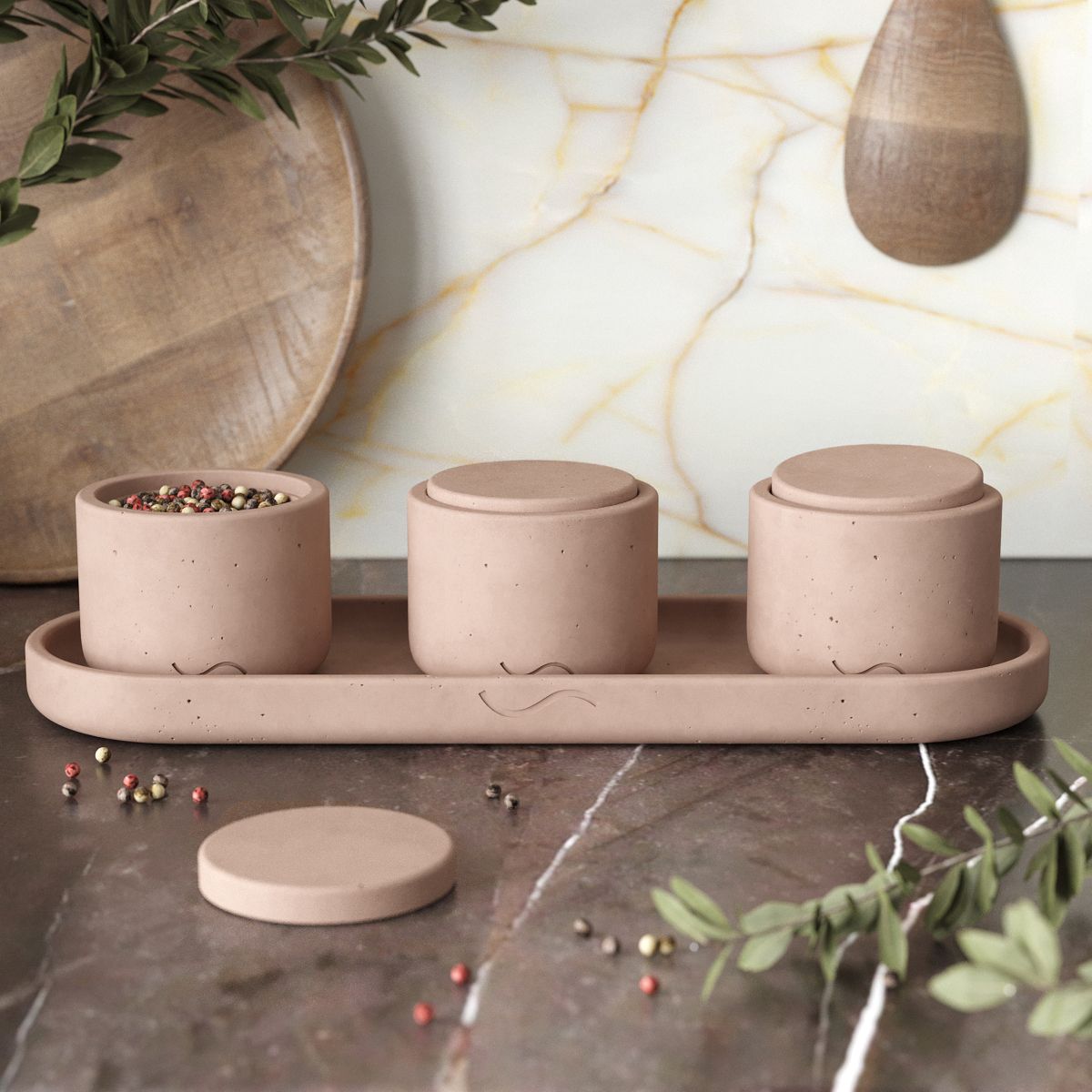 

Набор для кухни Astrid 28 поднос M, емкости XS - 3 шт., бетон, розовый мат.