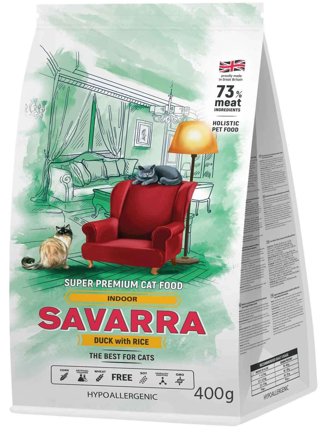 

Сухой корм для кошек Savarra Indoor Adult, для домашних, утка, рис, 0,4кг, Indoor Adult