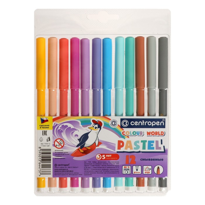 фото Centropen фломастеры 12 цветов centropen 7550 tp colour world pastel 2.0 мм, пастельные, б