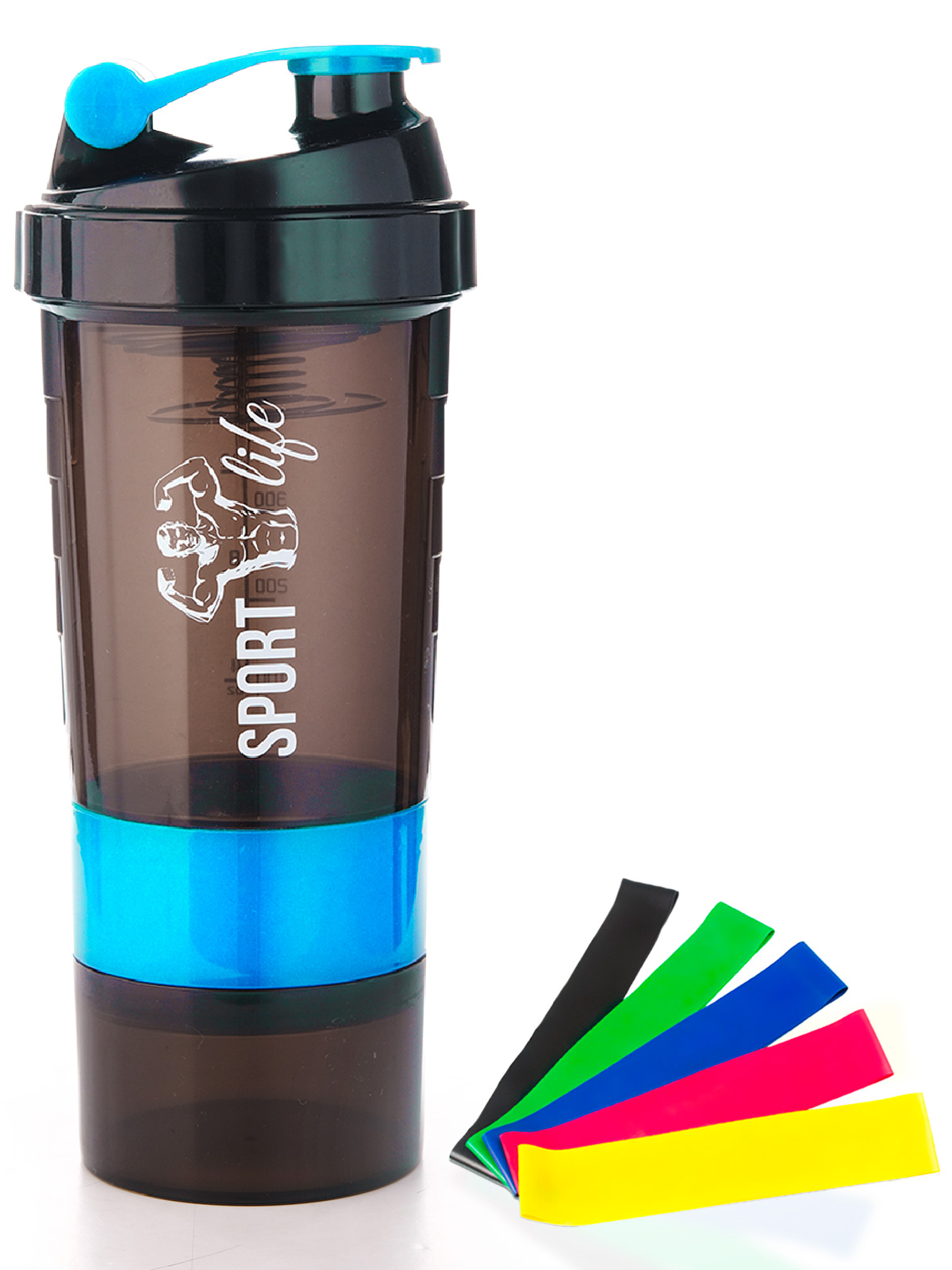 

Набор Шейкер для спортивного питания Sportlife голубой 500 мл + 5 фитнес-резинок, двухцветный + резинки