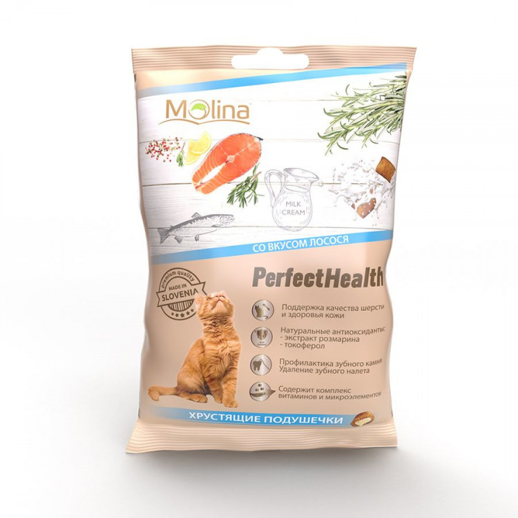 фото Лакомство для кошек molina perfect health подушечки со вкусом лосося, 50 г