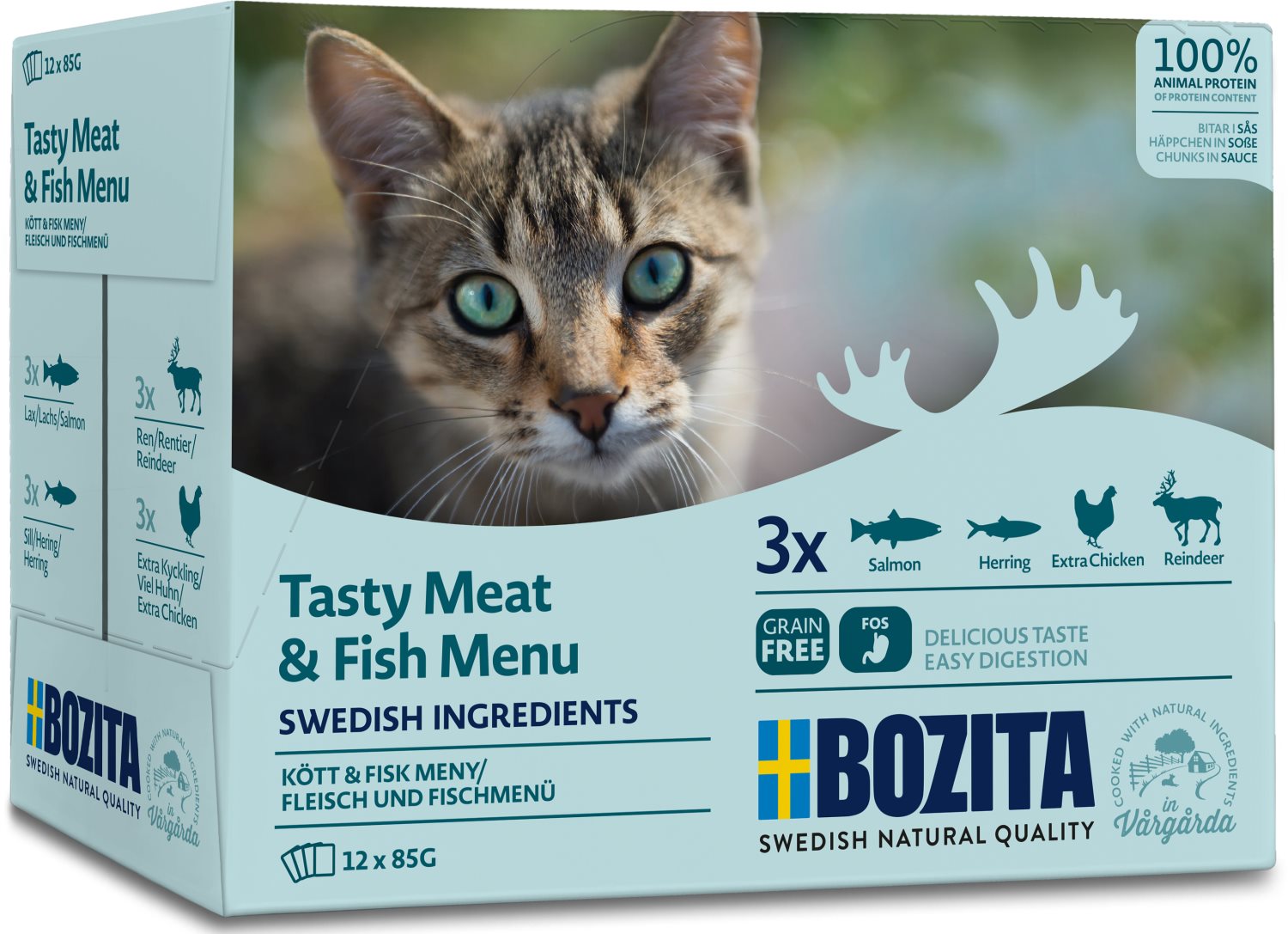 фото Набор паучей для кошек bozita tasty meat&fish menu, в соусе мясной и рыбный микс, 12x85 г