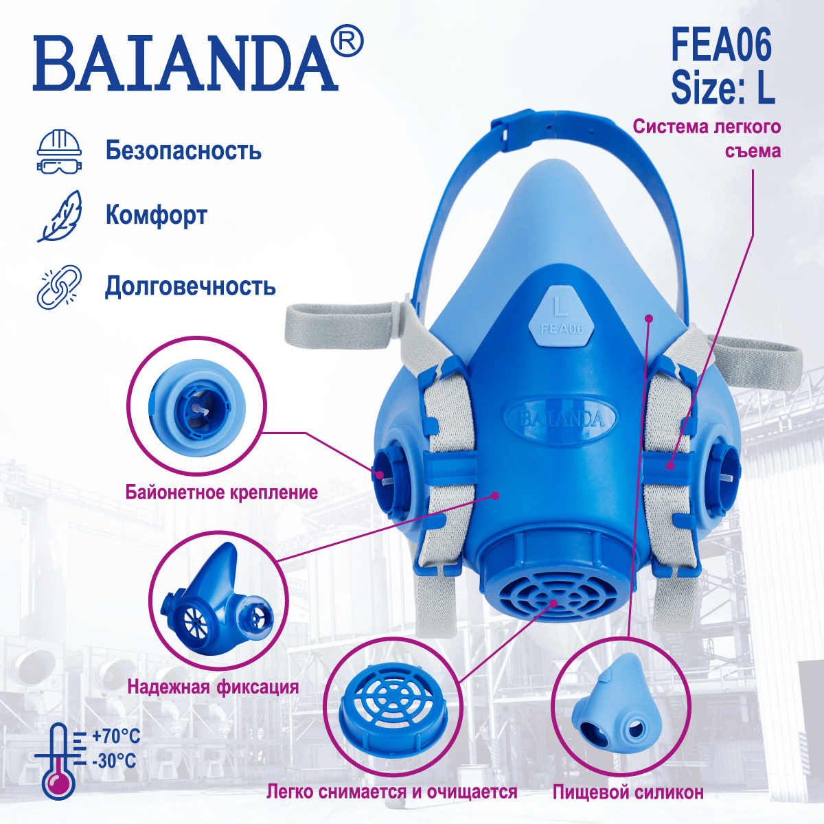 Респиратор профессиональный многоразовый защитный BAIANDA FEA 06, размер L