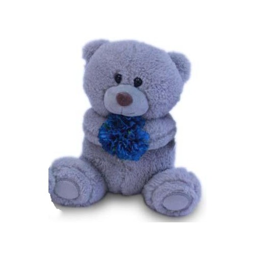Mягкая игрушка OkToys Медведь плюшевый серый с синим цветком 16 см