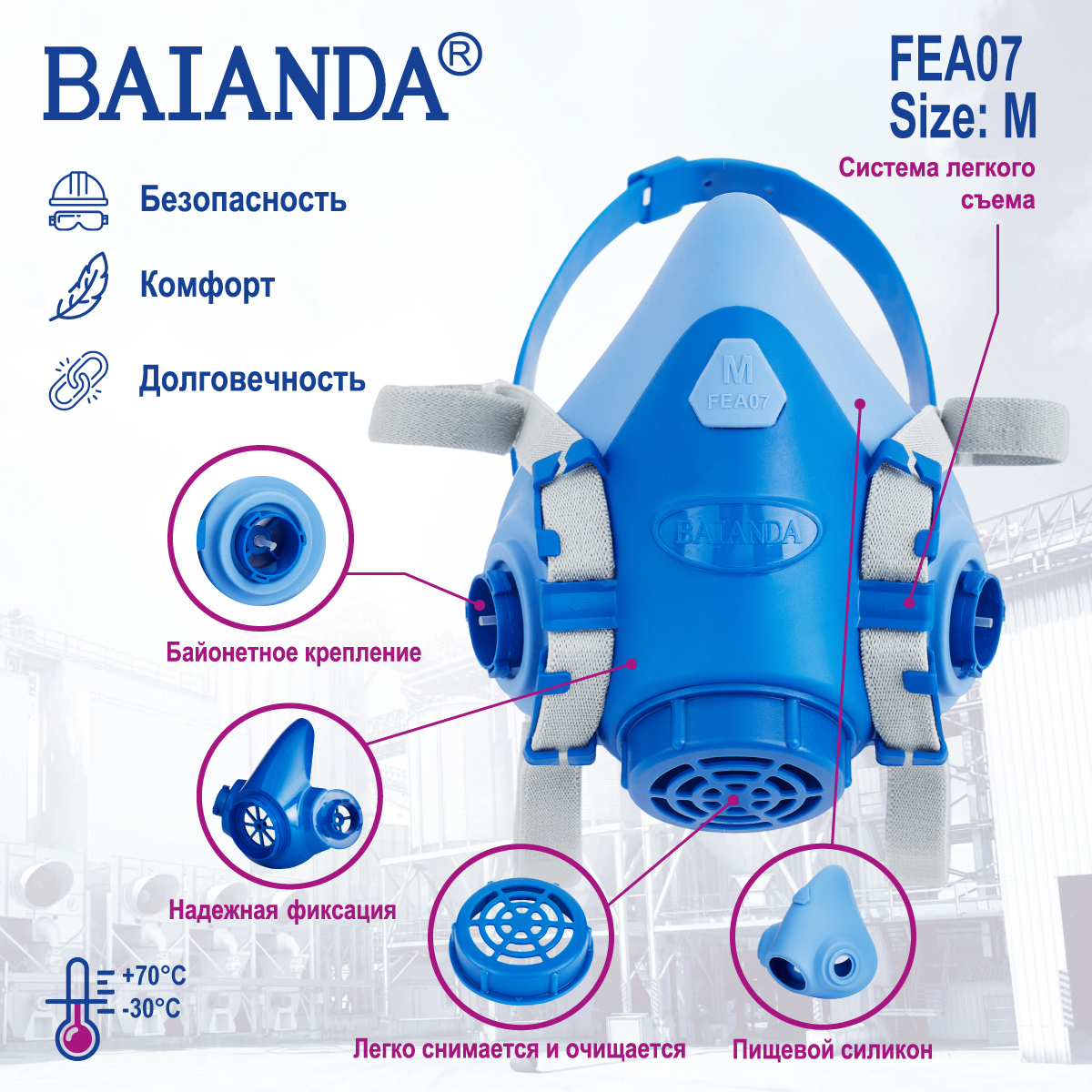 Респиратор профессиональный многоразовый защитный/полумаска BAIANDA FEA 07, размер М