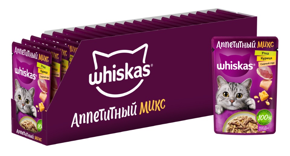 фото Влажный корм whiskas аппетитный микс для кошек, курица и утка в сырном соусе, 28 шт по 75г