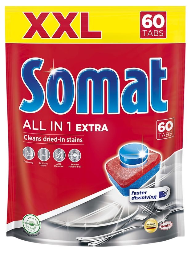 

Таблетки для посудомоечной машины Somat All in 1 Extra, 60 шт., 1.09 кг, дой-пак