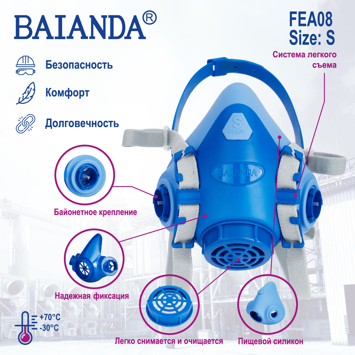 Респиратор профессиональный многоразовый защитный/полумаска BAIANDA FEA 08, размер S