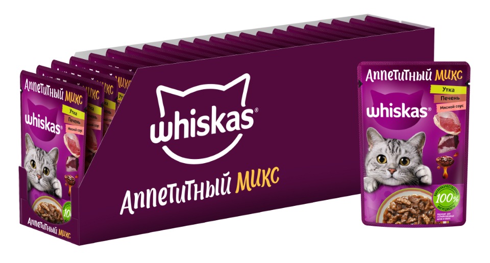 фото Влажный корм whiskas аппетитный микс для кошек, утка и печень в мясном соусе, 28 шт по 75г