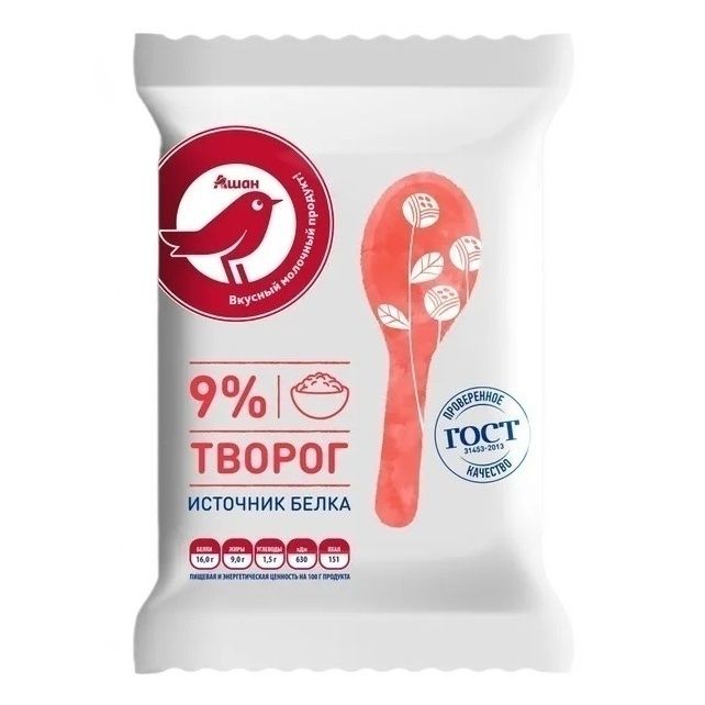 

Творог Ашан Красная птица 9% БЗМЖ 180 г