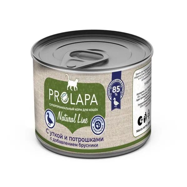 

Влажный корм для кошек Prolapa Natural Line с уткой, потрошками и брусникой, 200 г