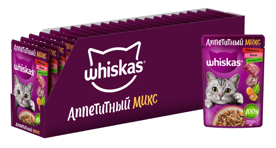 фото Влажный корм whiskas аппетитный микс для кошек говядина, язык и овощи в желе, 28 шт по 75г