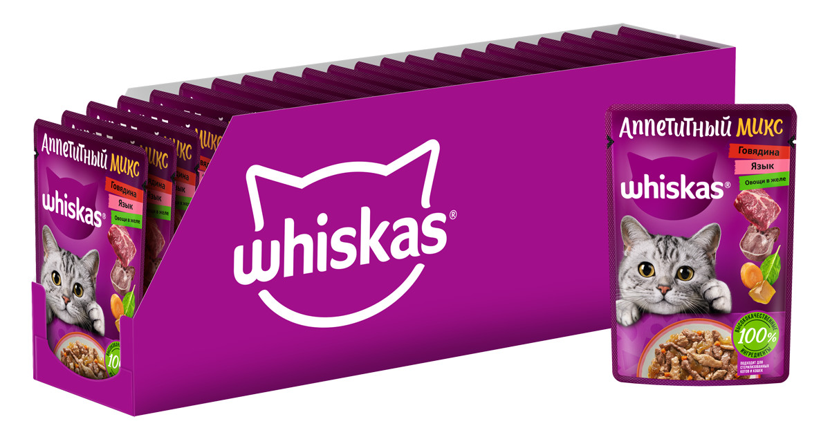 фото Влажный корм whiskas аппетитный микс для кошек говядина, язык и овощи в желе, 28 шт по 75г