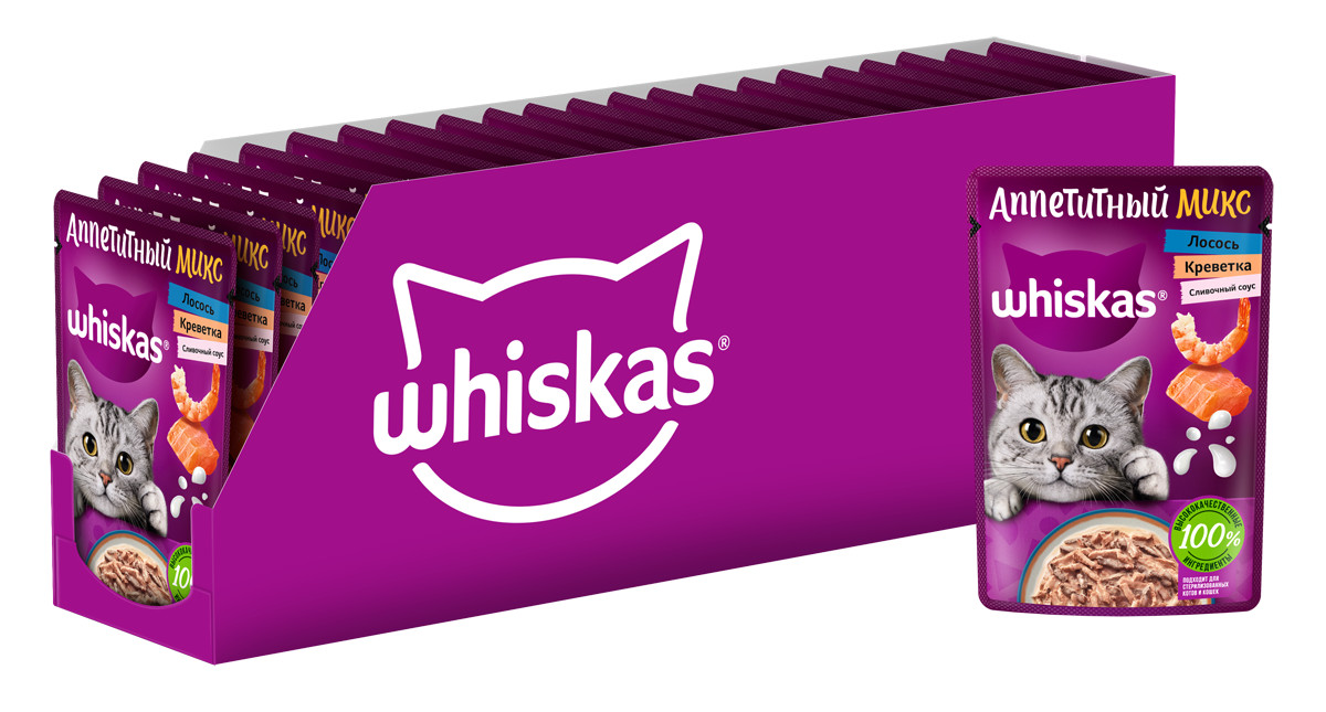 фото Влажный корм whiskas аппетитный микс для кошек лосось, креветки, сливочный соус 28шт х 75г