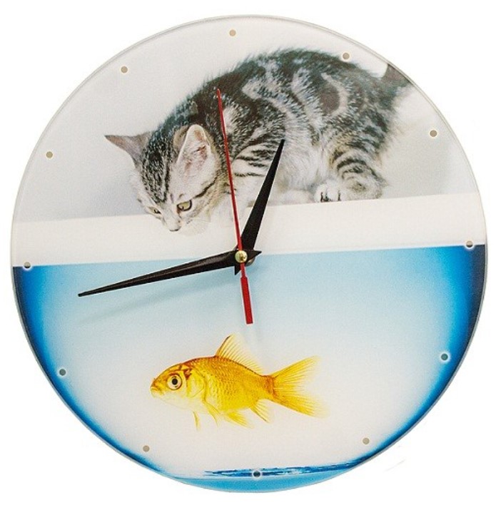 фото Часы настенные "котенок с рыбкой", стеклянные эврика