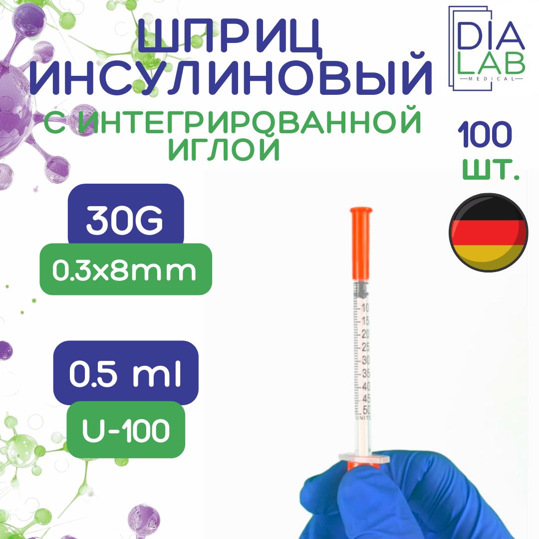 

Шприц 0,5 мл, инсулиновый, одноразовый, стерильный U-100, с иглой 30G 0,3х8 мм, 100 шт, Прозрачный, инсулиновый