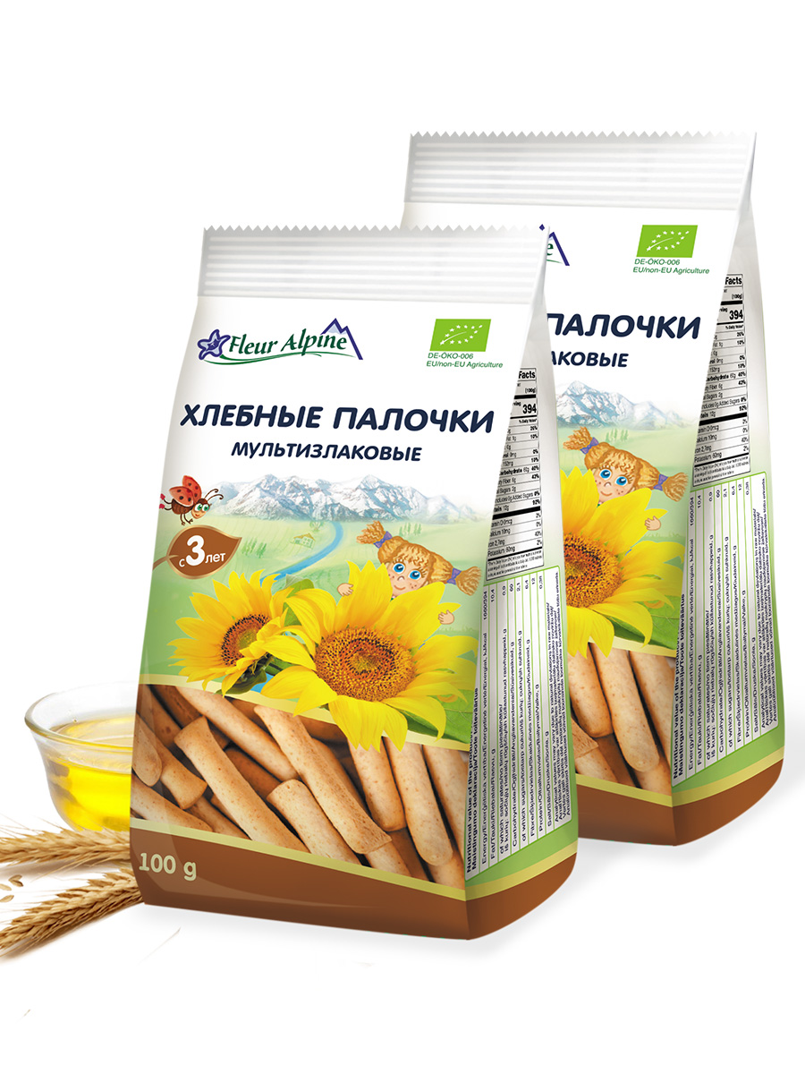 Хлебные палочки детские Fleur Alpine МУЛЬТИЗЛАКОВЫЕ, с 3 лет, 2 шт. по 100 г сухарики детские fleur alpine органик мини с изюмом и клюквой с 3 х лет 100 г