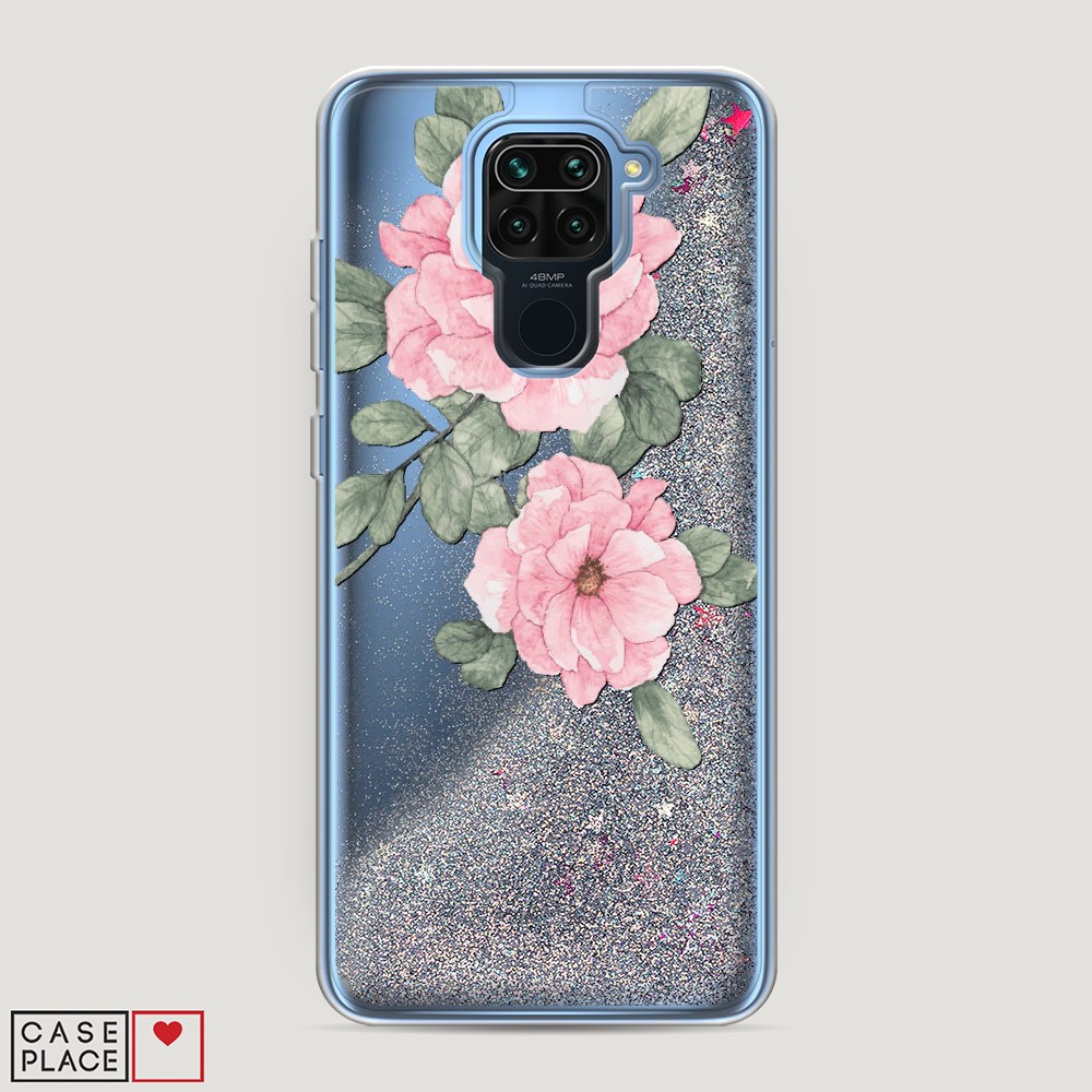 фото Жидкий чехол с блестками "акварельные розовые цветы" на xiaomi redmi note 9 awog