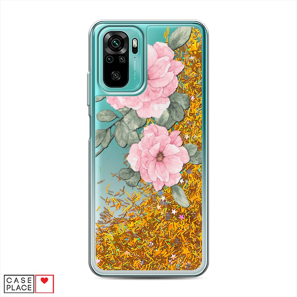 фото Жидкий чехол с блестками "акварельные розовые цветы" на xiaomi redmi note 10 awog