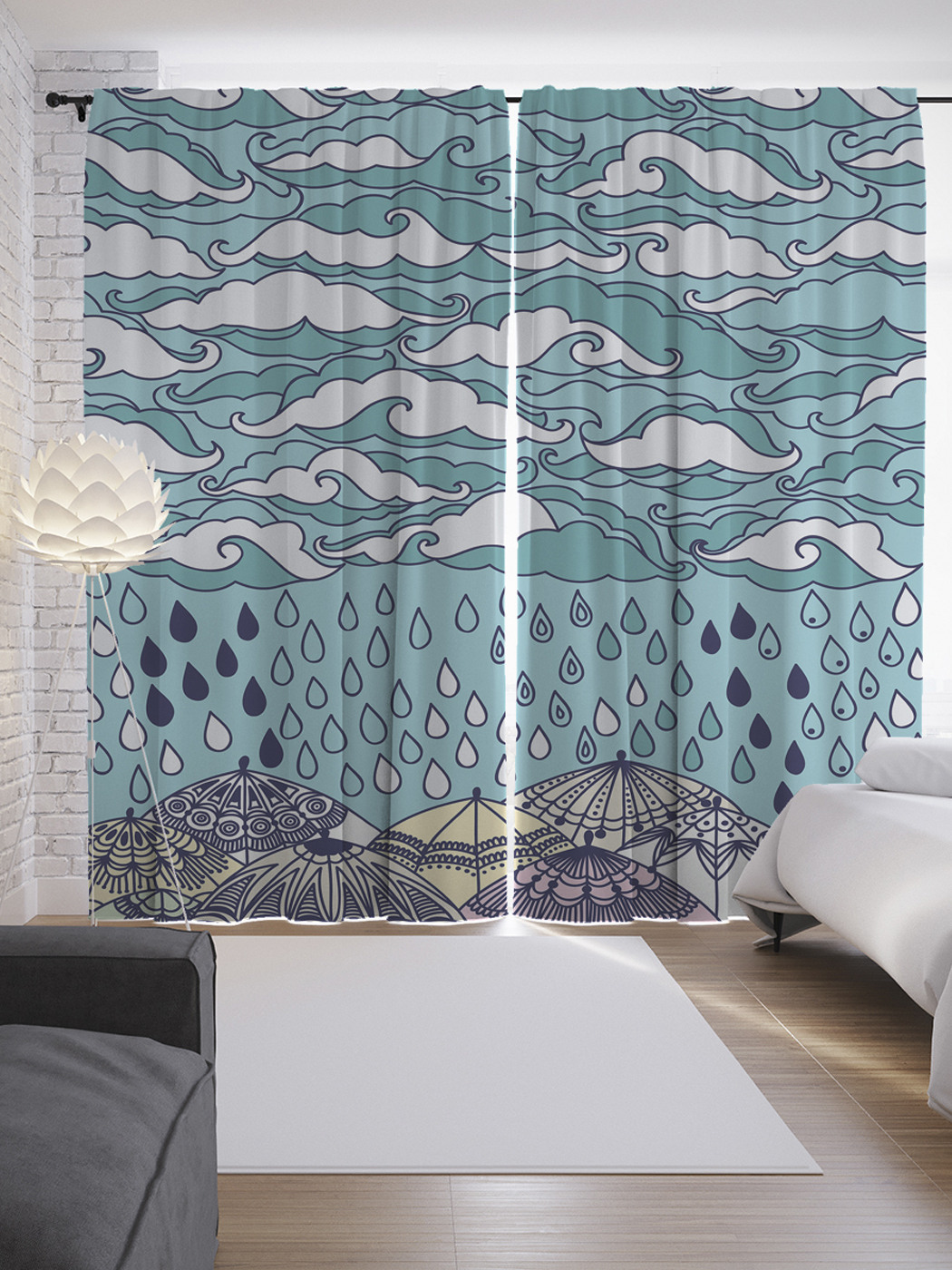 

Шторы с фотопечатью "Прогулка под дождем" из сатена, 290х265 см