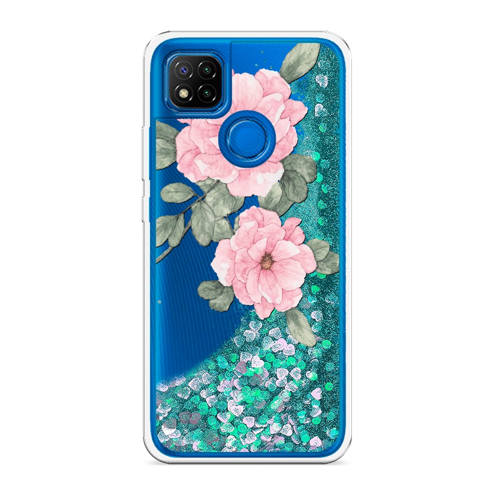 

Жидкий чехол с блестками "Акварельные розовые цветы" на Xiaomi Redmi 9C