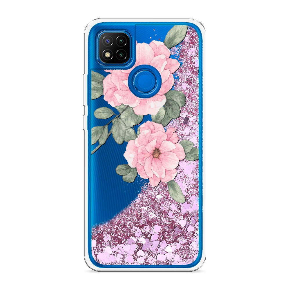 

Жидкий чехол с блестками "Акварельные розовые цветы" на Xiaomi Redmi 9C