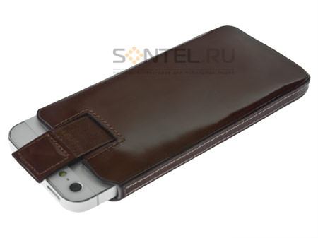 

Кожаный чехол с язычком VIP BOX ЛАК для iPhone 5 коричневый со строчкой