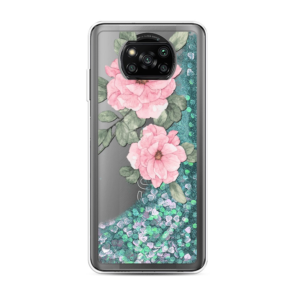 

Жидкий чехол с блестками "Акварельные розовые цветы" на Xiaomi Poco X3 Pro, 310695-1