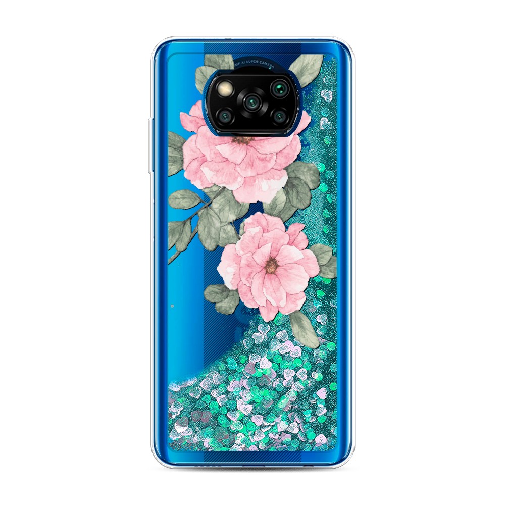 

Жидкий чехол с блестками "Акварельные розовые цветы" на Xiaomi Poco X3 NFC, 39295-1
