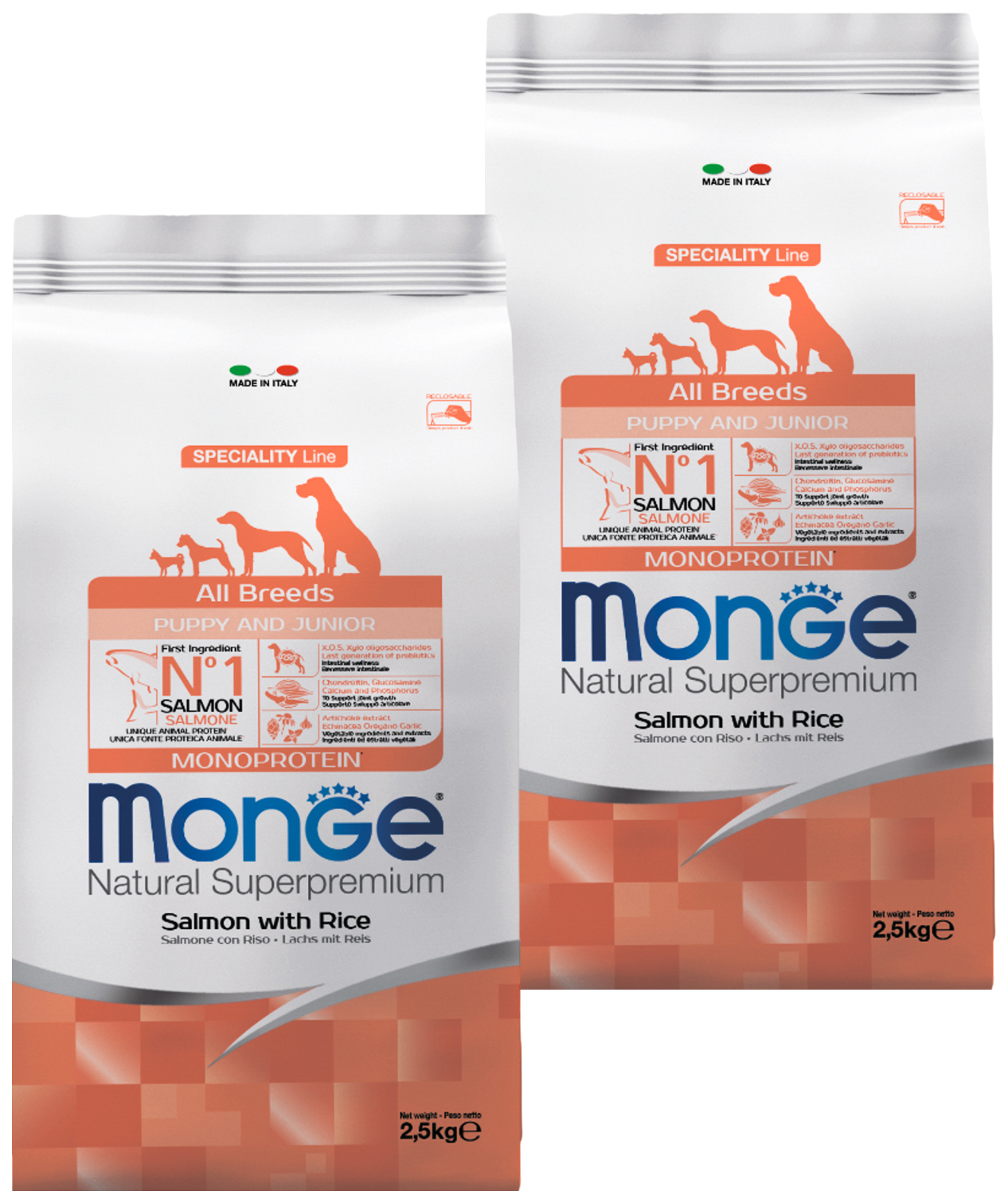 

MONGE MONGE SPECIALITY DOG PUPPY & JUNIOR SALMON для щенков всех пород с лососем и рисом (
