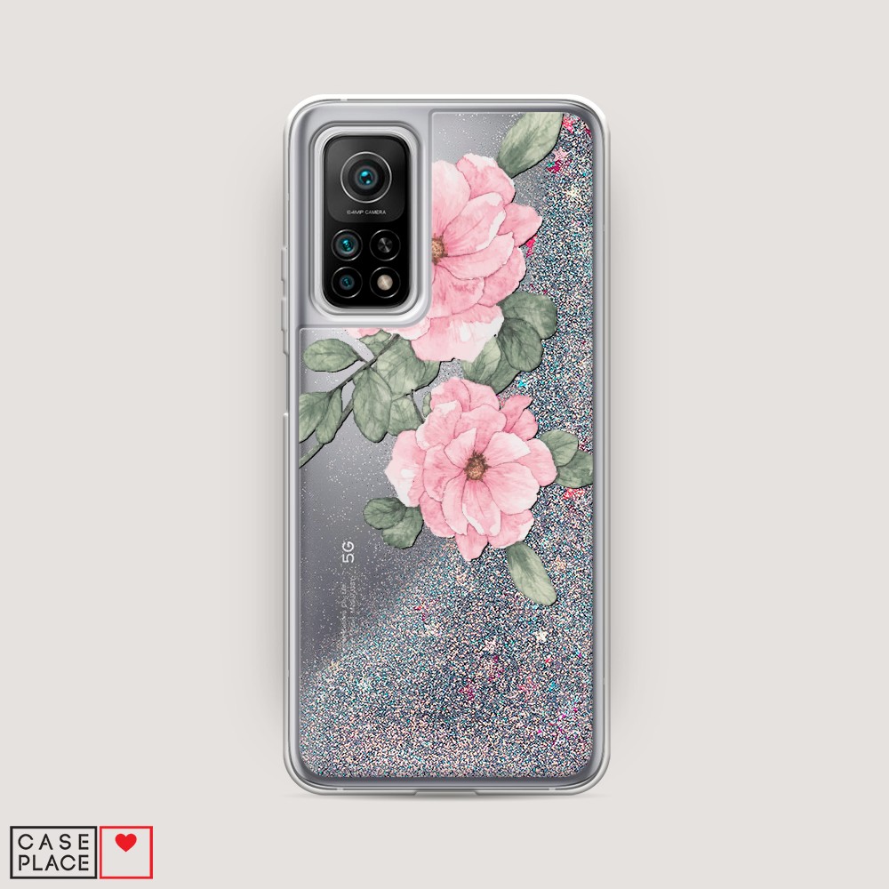 

Жидкий чехол с блестками "Акварельные розовые цветы" на Xiaomi Mi 10T