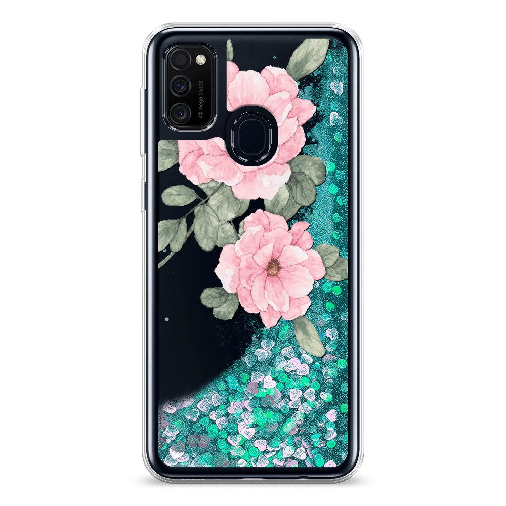 

Жидкий чехол с блестками "Акварельные розовые цветы" на Samsung Galaxy M21, 29795-1