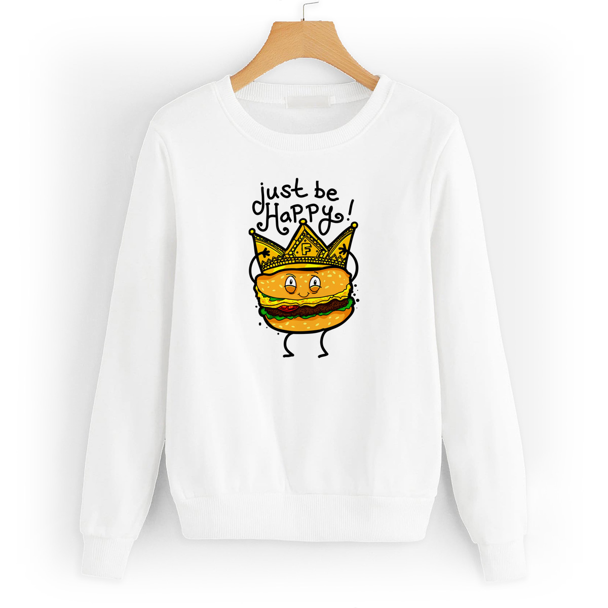 

Свитшот белый CoolPodarok Прикол. Бургер Just be happy, W0151360