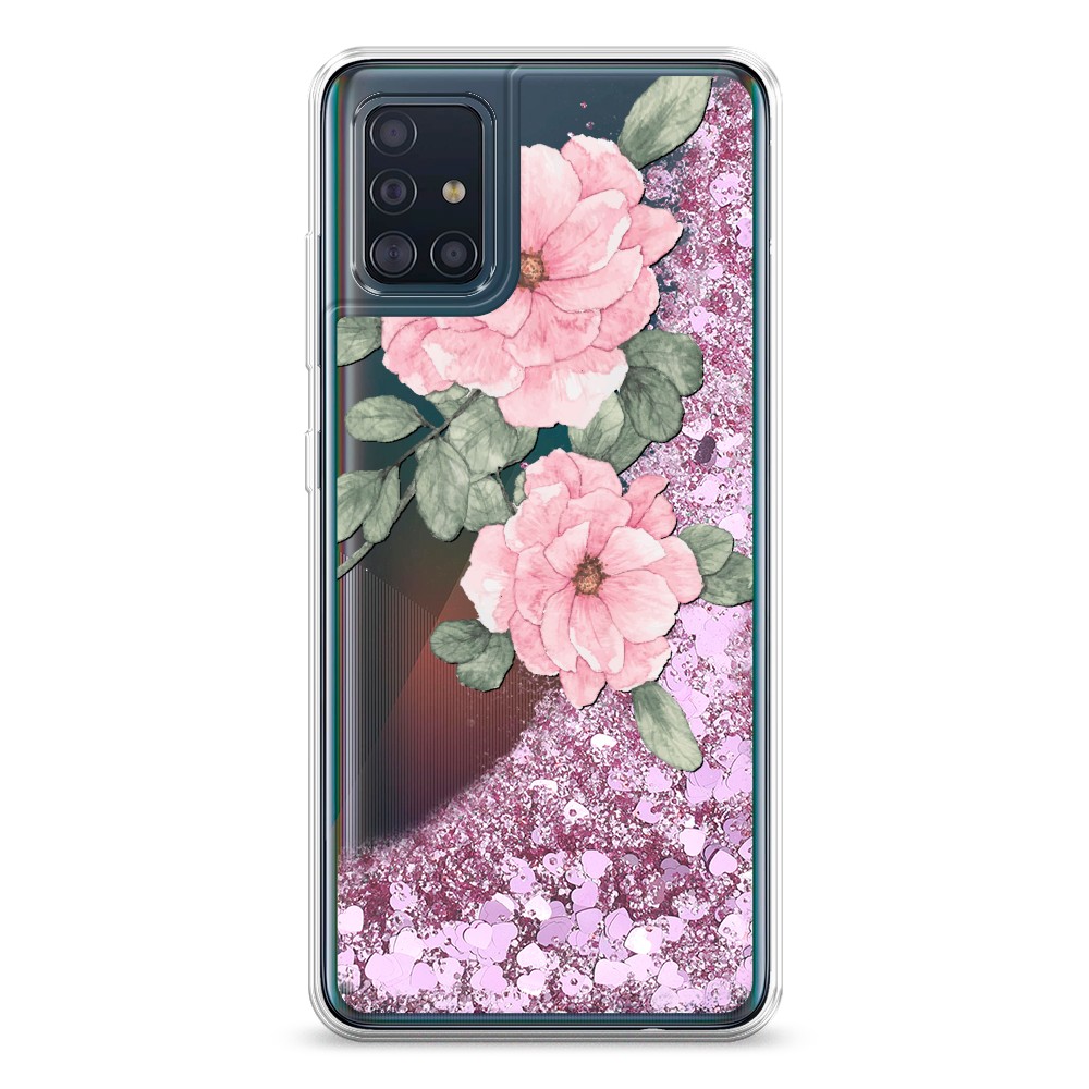 

Жидкий чехол с блестками "Акварельные розовые цветы" на Samsung Galaxy A51, 28994-1