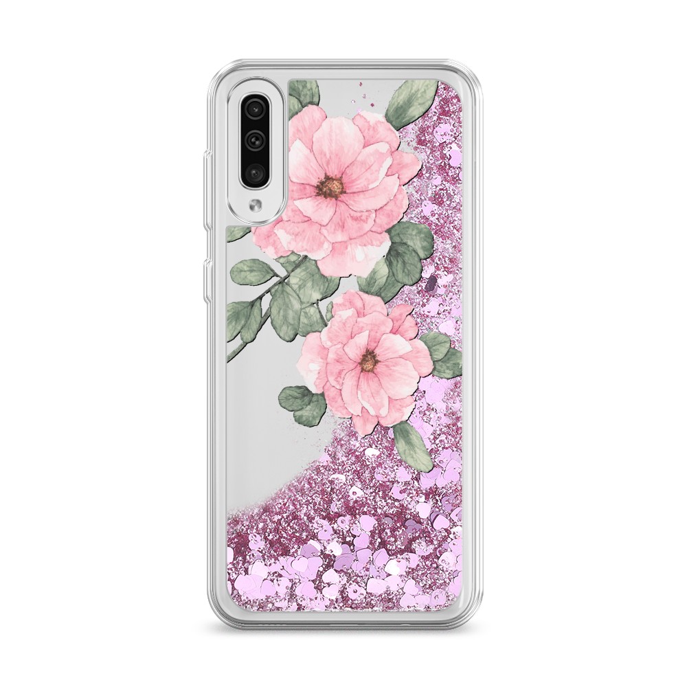 

Жидкий чехол с блестками "Акварельные розовые цветы" на Samsung Galaxy A50