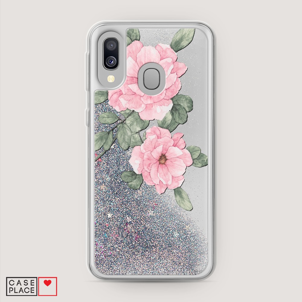 

Жидкий чехол с блестками "Акварельные розовые цветы" на Samsung Galaxy A40