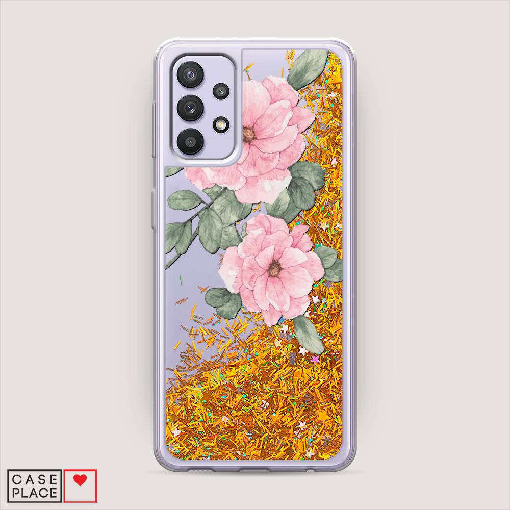 фото Жидкий чехол с блестками "акварельные розовые цветы" на samsung galaxy a32 awog