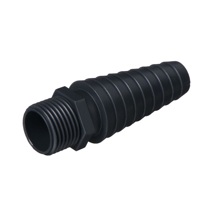 

Штуцер, наружная резьба 1/2", для шлангов от 1/2"  1" (25 мм), пластик, Черный