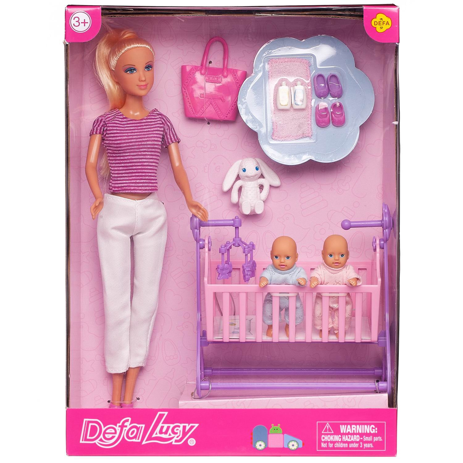 

Игровой набор Кукла Defa Lucy Молодая мама в футболке и брюках, 2 близнеца в кроватке