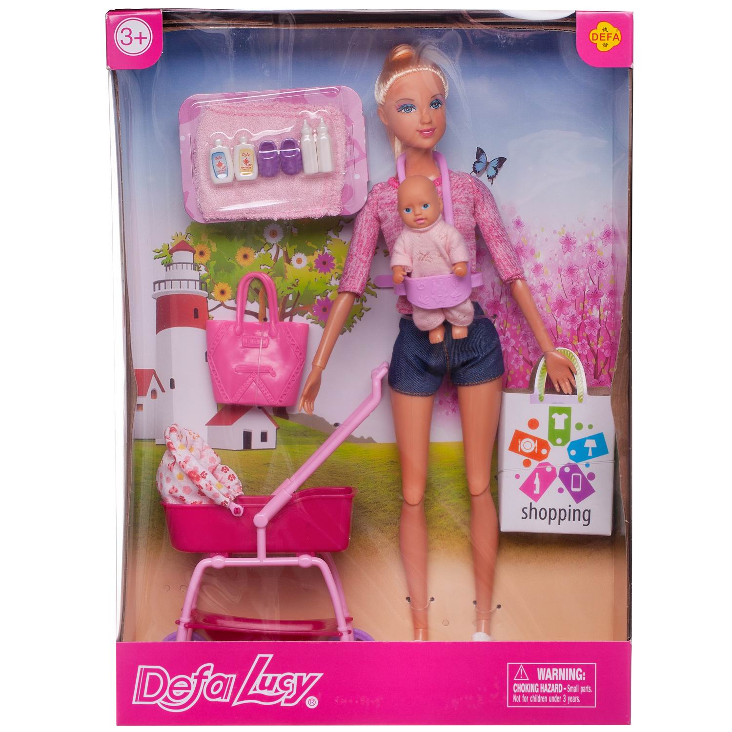 Игровой набор Кукла Defa Lucy Молодая мама в кофте, ребенок, коляска, 29 см